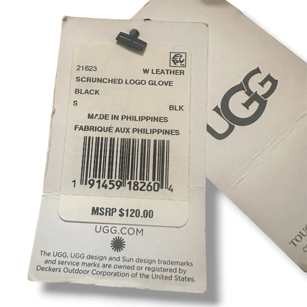 UGG Black Leather Scrunched Logo Gloves Size Small